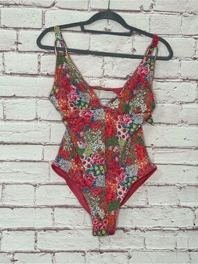 Floral V-Neck One-Piece Swimsuit - Red Multicolor